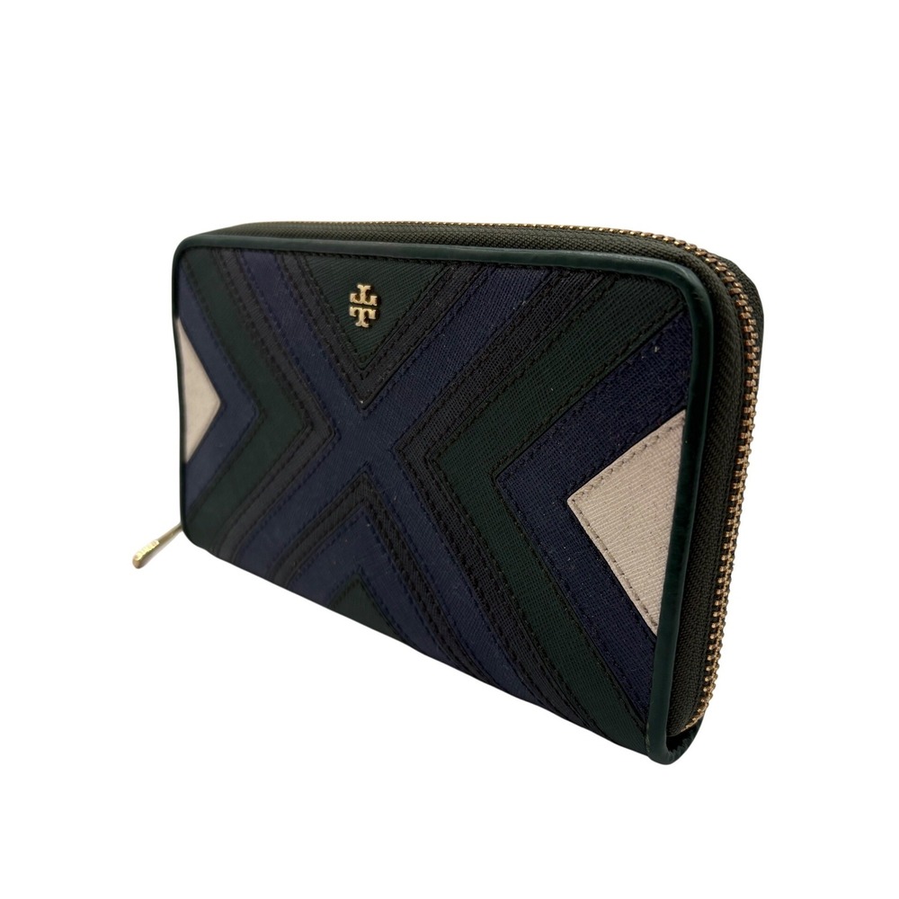 Tory Burch Wallet Womens OS Green Excellent Chevron Zip Around Saffiano Leather - Picture 3 of 6